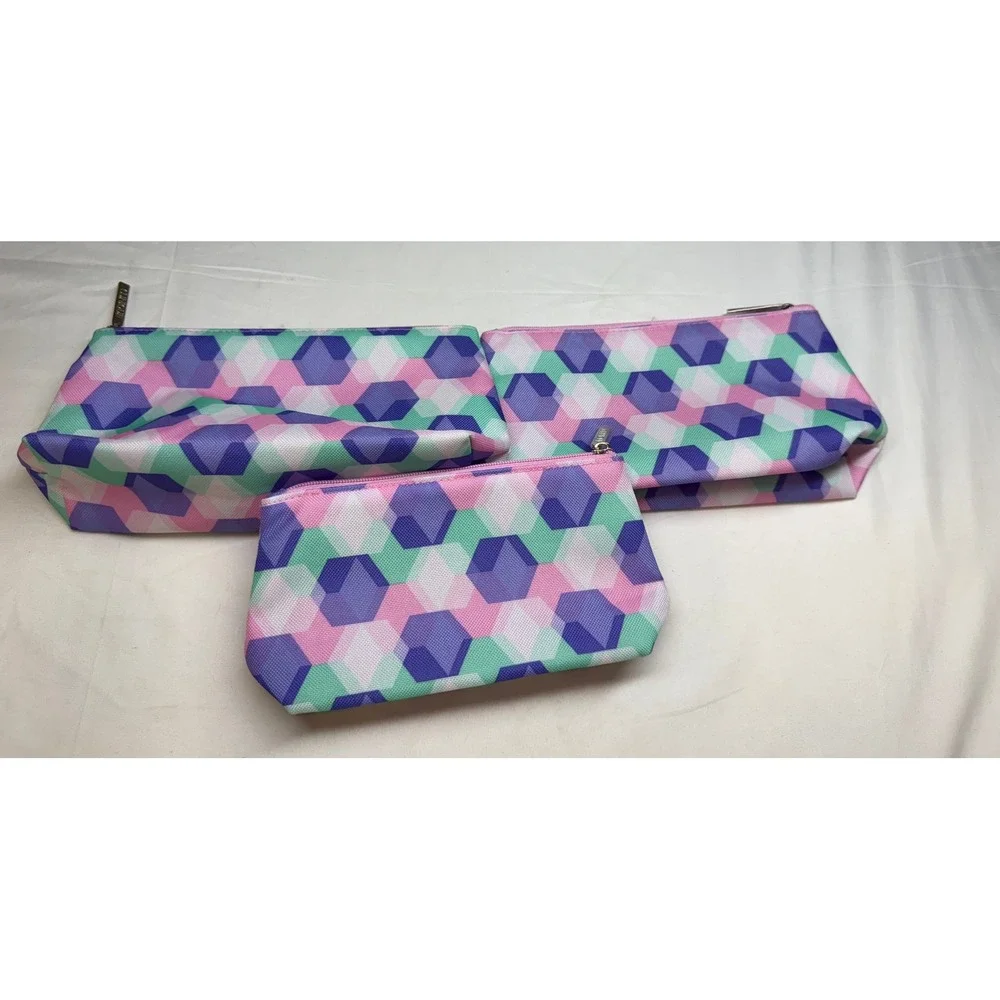 Clinique Cosmetic Bags Set of 3 Multicolored‎ Lined Zip Geometric Print Travel